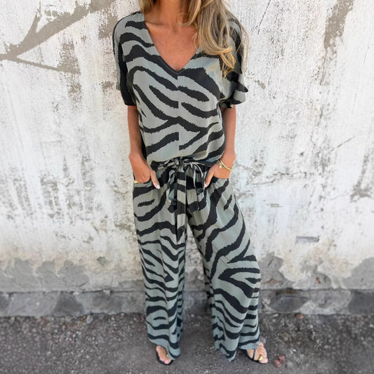 Fashion Zebra Stripes V-neck Lace-up Top Suit